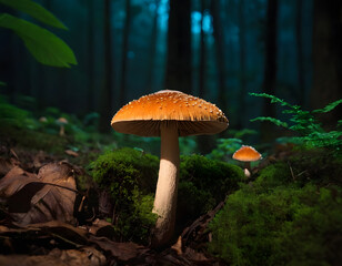 Fototapeta premium mushroom in the jungle, glowing mushroom in the night background, mushroom in the forest