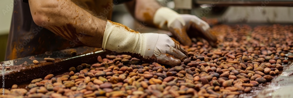 Poster the cacao beans being handselected and prepared for the coldpress process ensuring the highest quali