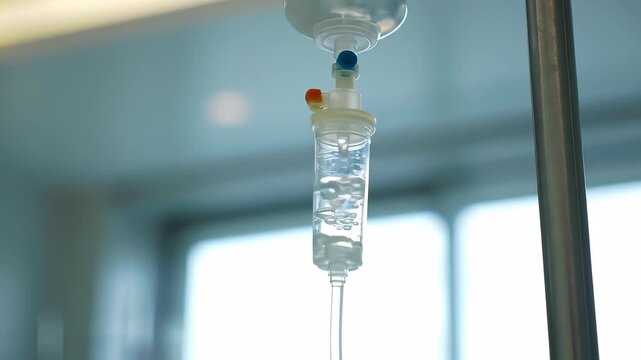 Closeup drip therapy: iv drip with bubbles against hospital window light