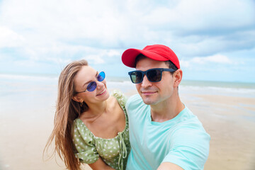 Beach Couple Sharing Sweet Romantic Moment, Caucasian Man and Woman Enjoying Vacation Together on Summer Seaside in Natural Outdoor Mood