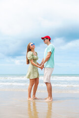 Beach Couple Sharing Sweet Romantic Moment, Caucasian Man and Woman Enjoying Vacation Together on Summer Seaside in Natural Outdoor Mood