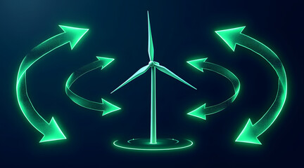 Glowing green wind turbine surrounded by luminous arrows symbolizing energy flow and sustainable power generation in dark background