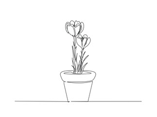 Potted flower for interior in single outline illustration. Continuous line art drawing of potted plant for gardening concept.
