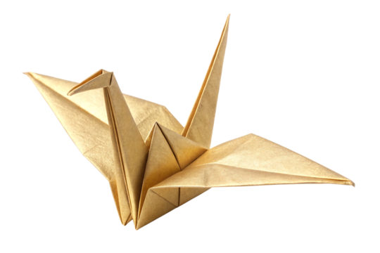 Shimmering gold origami crane with luxurious metallic finish and traditional Japanese paper folding displaying elegant wing spread, isolated on a transparent background