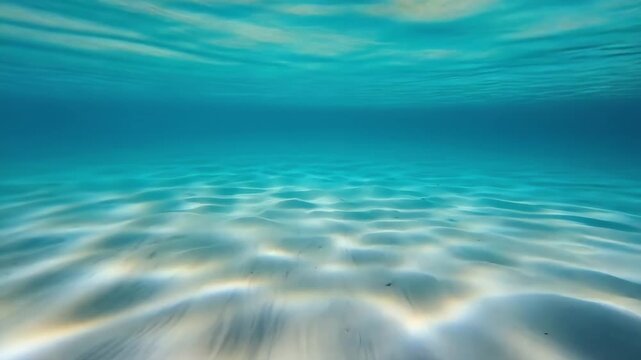 A tranquil underwater scene with sunlight creating caustic light patterns that ripple across a clean sandy seabed in clear turquoise water