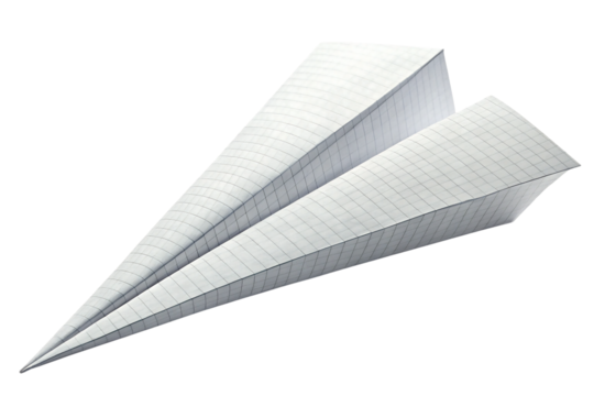 Simple white paper airplane made from graph paper with grid lines and minimalist geometric folded design, isolated on a transparent background