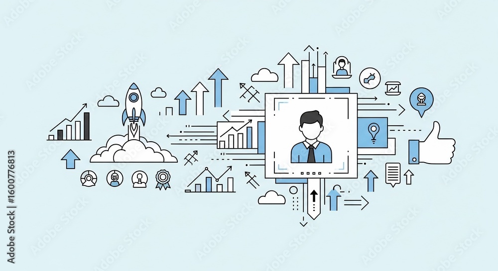 Poster dynamic business growth and innovation concept with rocket launch data analytics and central leaders