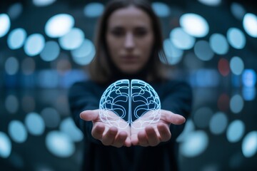 Woman holding glowing brain hologram image