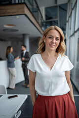 Portrait of smiling businesswoman with hands in pockets in modern office