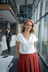 Confident businesswoman smiling in modern office environment