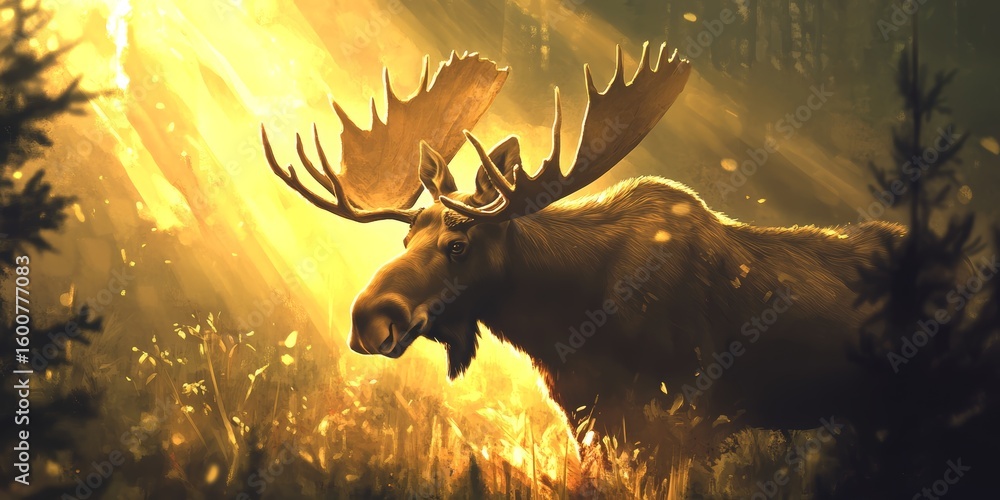 Poster a large moose is standing in a field with the sun shining on it. the image has a warm and peaceful m