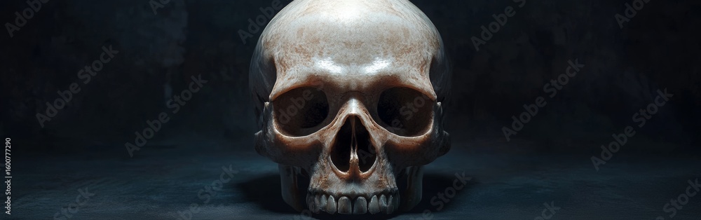 Poster a detailed skull avatar is showcased with intricate textures and realistic lighting. the design emph