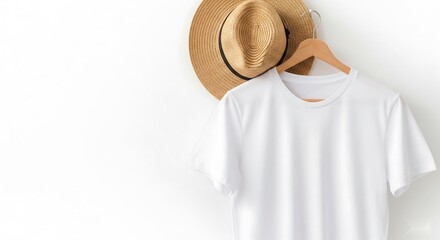 A plain white t-shirt and straw hat hang on a wooden hanger against a white wall.