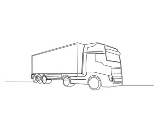 Cargo expedition truck in single outline illustration. Continuous line art drawing of freight Truck.