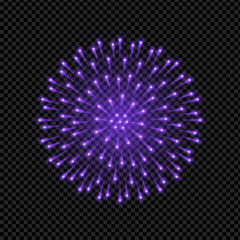 Realistic purple fireworks in 3D style. Bright explosion of color for holiday decoration, design and video projects. Vector illustration.