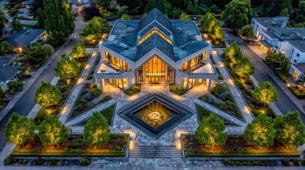 Obraz premium Aerial view of a modern luxury house surrounded by landscaped gardens and illuminated pathways at night. The architecture features a unique geometric design.