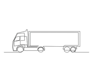 Cargo expedition truck in single outline illustration. Continuous line art drawing of freight Truck.