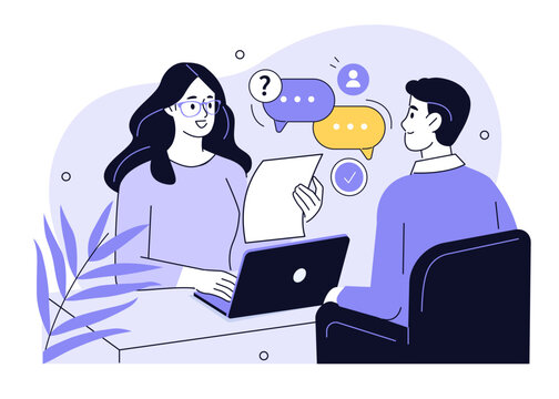 HR manager or recruiter interviewing work candidate, applicant. Job interview, vacancy, hiring recruitment process concept. Vector illustration.