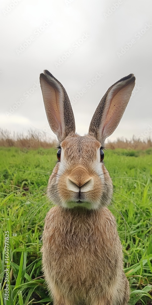 Poster a rabbit is standing in a field of grass. the rabbit is looking directly at the camera. the grass is
