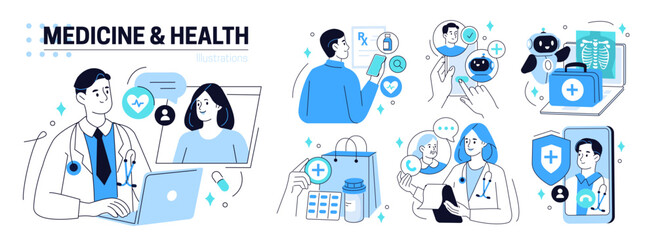 Medicine and health set. Doctor characters use ai and other digital tools for patient support, diagnosis, medical analysis, prescription. Healthcare technology concept. Vector illustration.