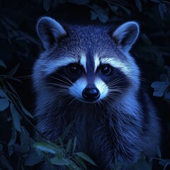 A raccoon is staring at the camera in the dark. Scene is mysterious and intriguing