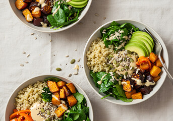 Healthy grain bowls with vibrant toppings—ideal untuk plant‑based marketing, meal prep visuals, dan clean eating campaigns.
