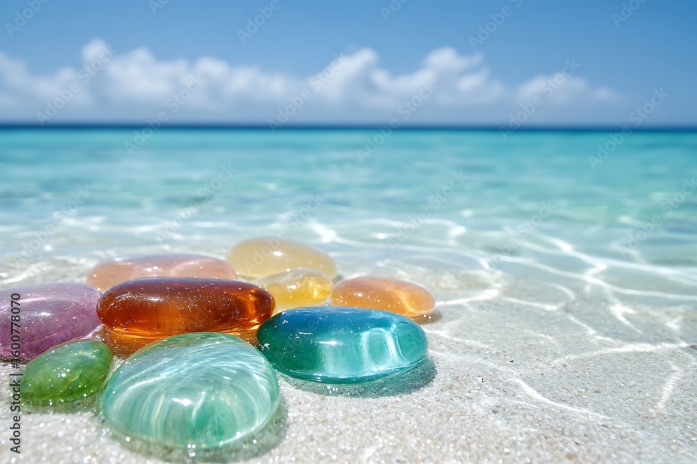 Aufkleber macro view of colorful glossy pebbles on a calm beach with crystal-clear water in the background