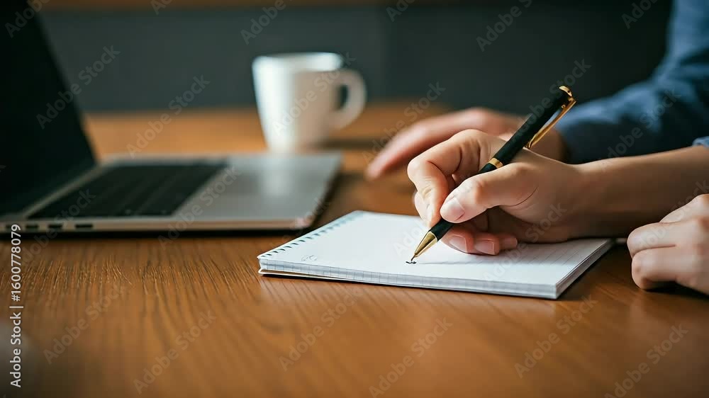 Poster hands writing in notebook at desk with laptop productivity concept