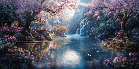 Experience the tranquility of a serene landscape featuring cherry blossom trees, a gentle waterfall, and a still river, creating a perfect escape into nature's beauty.