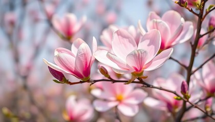 Delicate pink magnolia blossoms, soft spring background, ample copy space, branch, bud