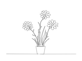 Potted flower for interior in single outline illustration. Continuous line art drawing of potted plant for gardening concept.