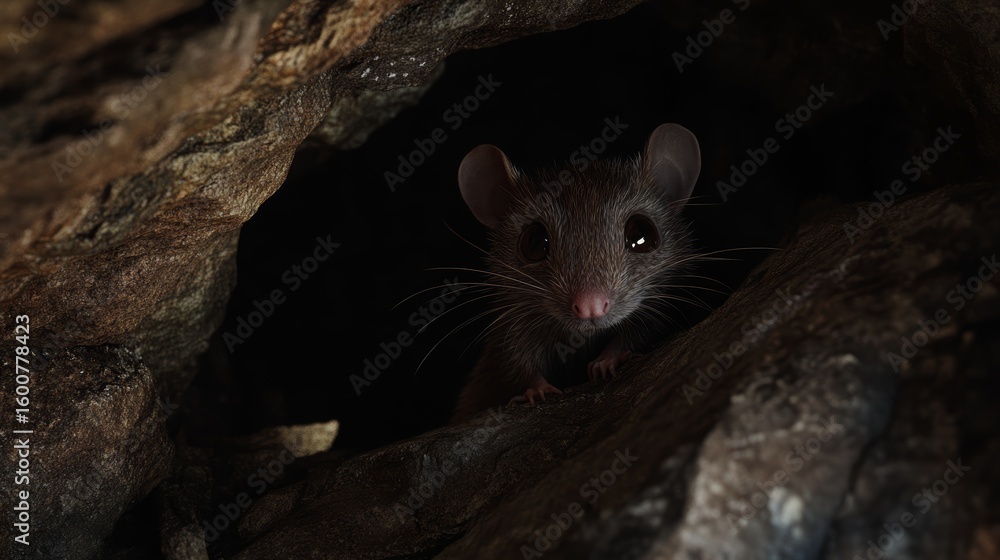 Poster a small black mouse is standing in a dark cave. the mouse is looking at the camera. the cave is dark