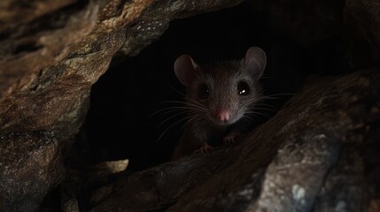 A small black mouse is standing in a dark cave. The mouse is looking at the camera. The cave is dark and the mouse is the only thing visible