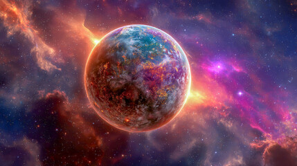 Fototapeta premium A vibrant planet emits a radiant glow from its atmosphere as it floats gracefully near a brilliant nebula. Distant galaxies shimmer in the cosmic backdrop, illuminating the vastness of space