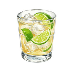 Caipirinha cocktail with ice and lime slices in watercolor illustration, isolated background