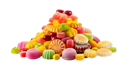 A colorful pile of assorted gummy candies and jelly sweets against a transparent background studio shot