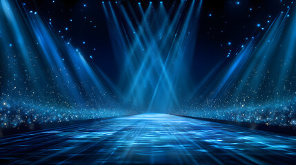 Bright Blue Runway with Light Streaks and Stars, Ideal for Presentations, Award Ceremony Events, and Technology-Themed Backgrounds. Luxury Scene Design Concepts. Vector illustrations.