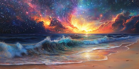 A breathtaking cosmic sunset illuminates the ocean waves, showcasing a starry sky filled with vivid colors. This tranquil scene captures nature's beauty at dusk.