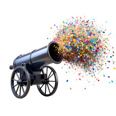 A black vintage cannon firing a vibrant explosion of colorful confetti and small geometric shapes.