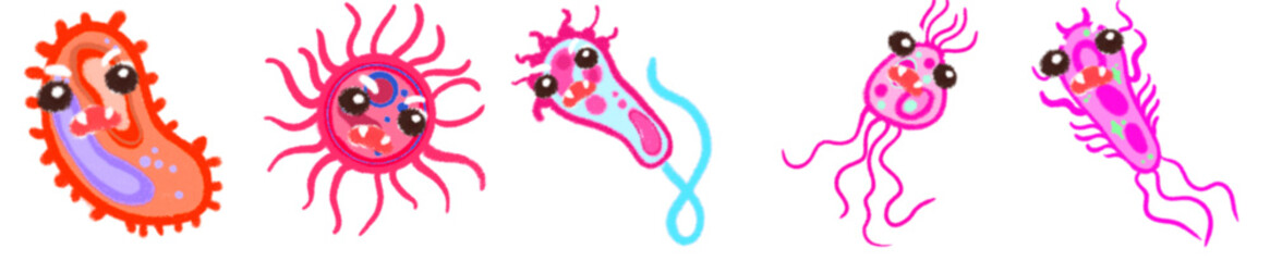 Fototapeta premium Cute Angry Virus Bacteria Clipart Set – Pink Science Microorganism Cartoon Illustration for Kids and Educational Design