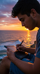 Young man drawing on a tablet with a stylus, sitting on a cliff overlooking the ocean at sunset, capturing the golden hour light.