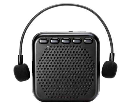 Portable personal voice amplifier with a headset microphone on a transparent background