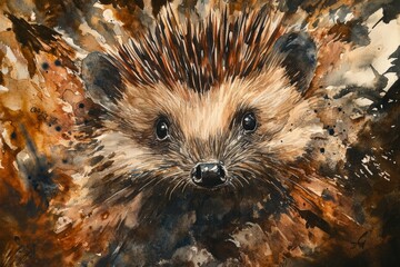 A painting of a hedgehog with a brown face and brown fur. The painting has a moody and somewhat dark atmosphere