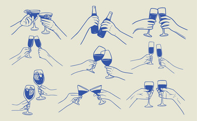 Hand Drawn Illustrations of Hands Clinking Glasses -Celebration and Toasting Gesture Set