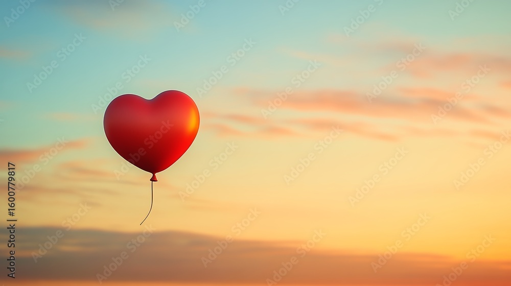 Poster red heart balloon is floating in the sky. the balloon is the only object in the image, and it is the