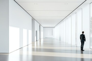 Obraz premium Businessman in modern office hallway looking through window with bright sunlight, contemplative