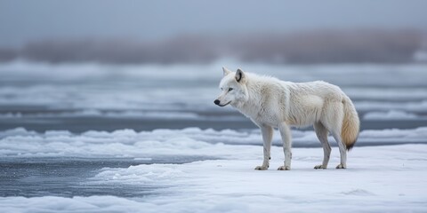 A white wolf stands on a frozen lake