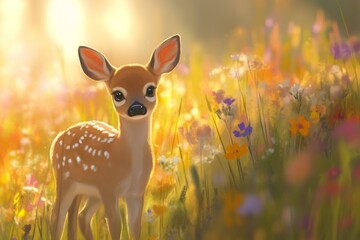 Small deer is standing in a field of flowers. The image has a peaceful and serene mood, with the deer being the main focus of the scene