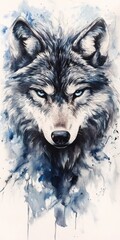 A wolf with a blue eye and a white snout. The wolf is the main focus of the image