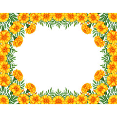 Obraz premium A vibrant rectangular floral frame made of bright orange marigold flowers and green leaves.